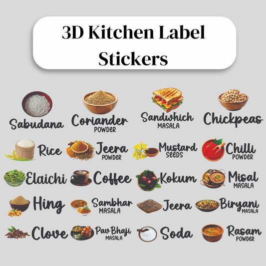 3D Kitchen Label Stickers (Set of 60 Stickers)